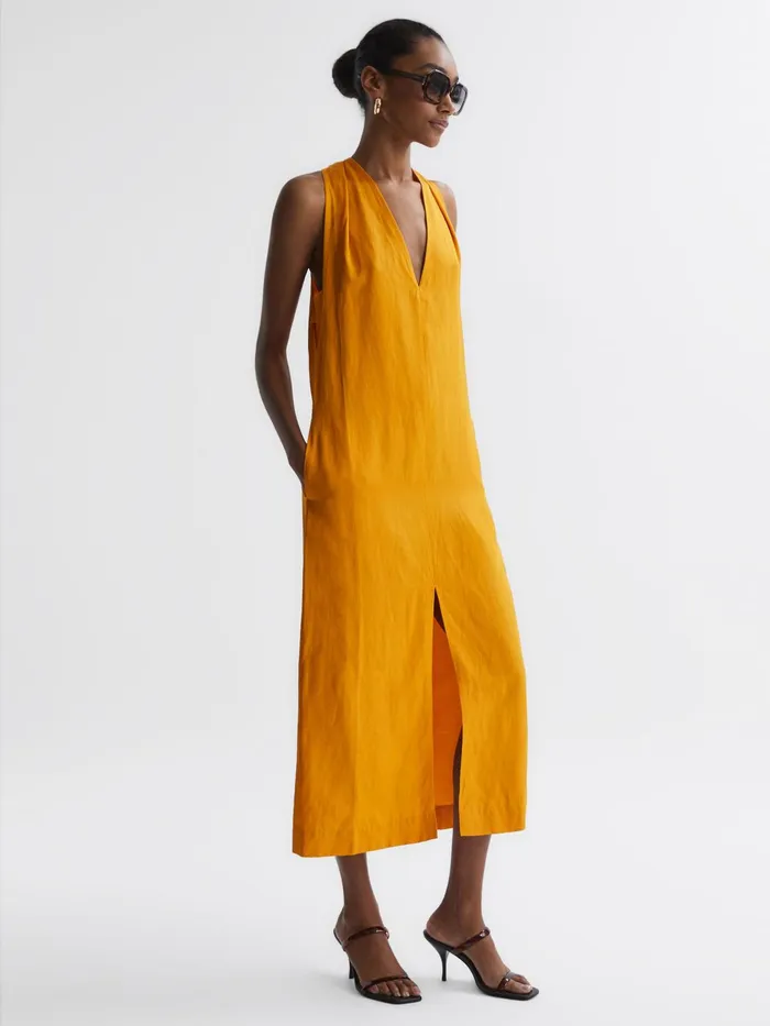 Reiss Dresses Alda Plunge Neck Midi Dress Yellow 8211 Women