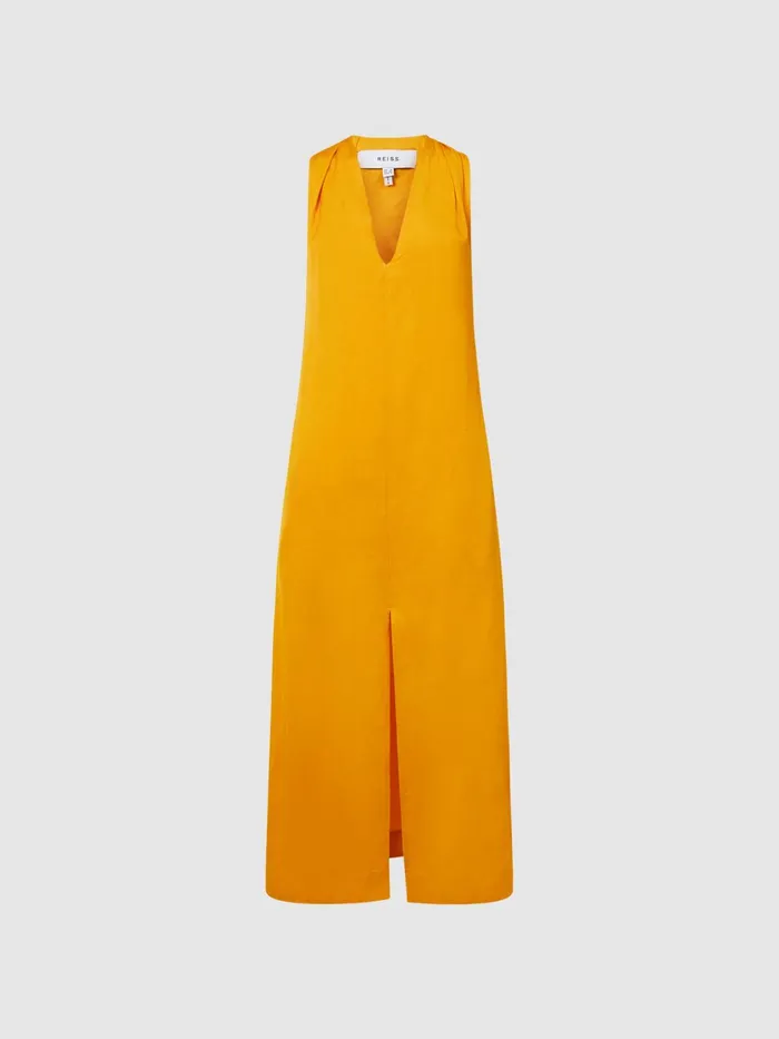 Reiss Dresses Alda Plunge Neck Midi Dress Yellow 8211 Women