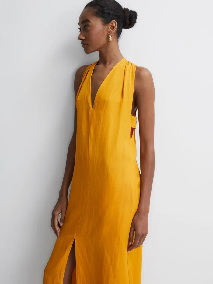 Reiss Dresses Alda Plunge Neck Midi Dress Yellow 8211 Women