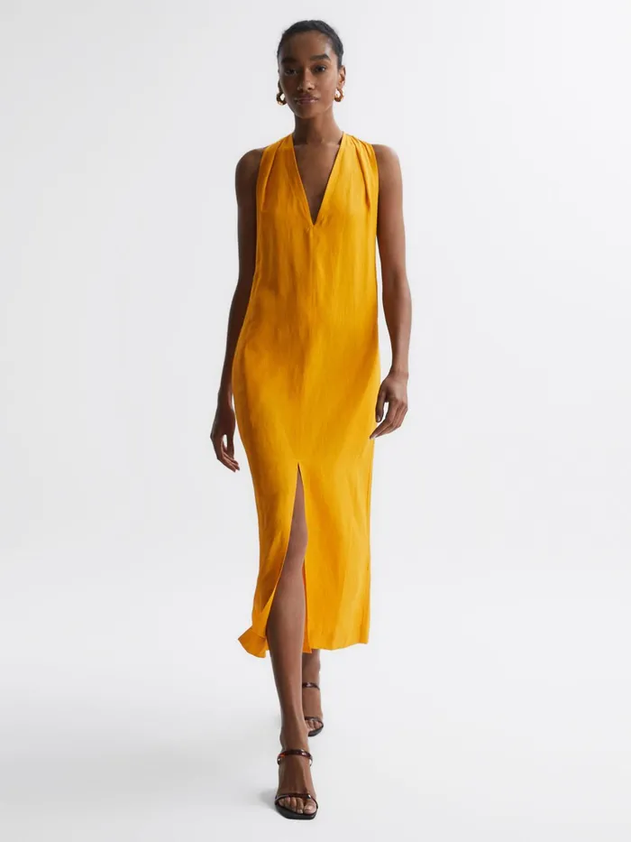 Reiss Dresses Alda Plunge Neck Midi Dress Yellow 8211 Women