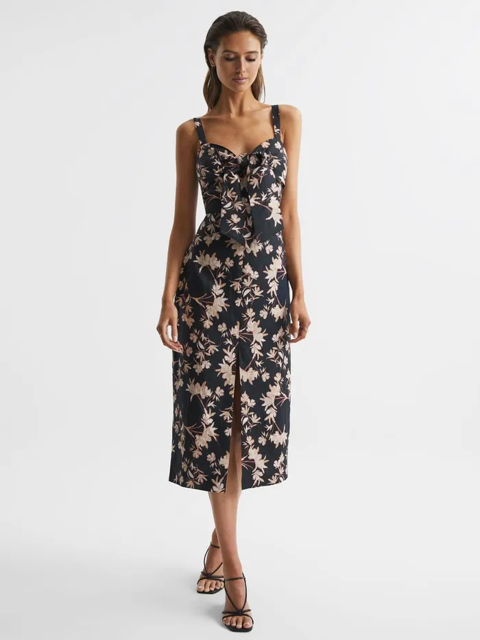 Reiss Dresses Aleen Floral Print Linen Midi Dress Blackblush 8211 Women