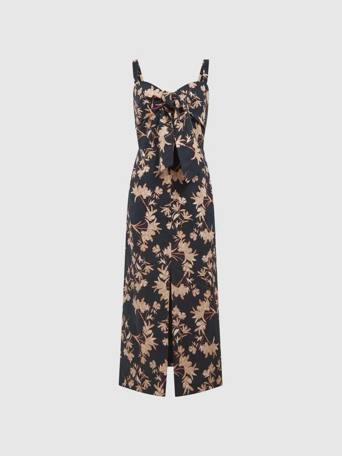 Reiss Dresses Aleen Floral Print Linen Midi Dress Blackblush 8211 Women