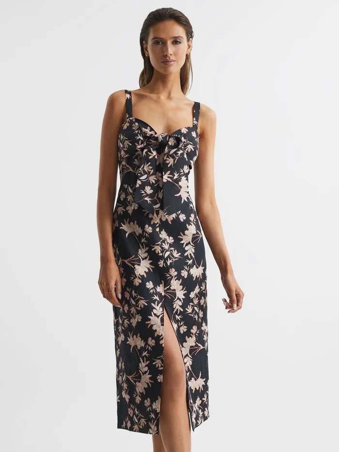 Reiss Dresses Aleen Floral Print Linen Midi Dress Blackblush 8211 Women