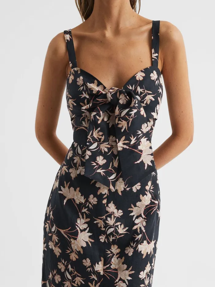Reiss Dresses Aleen Floral Print Linen Midi Dress Blackblush 8211 Women