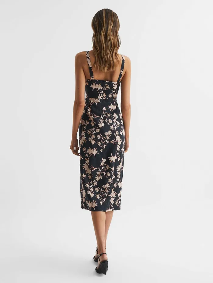 Reiss Dresses Aleen Floral Print Linen Midi Dress Blackblush 8211 Women