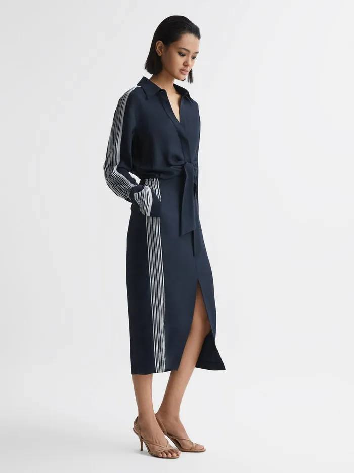 Reiss Dresses Arabella Side Stripe Tie Front Midi Dress Navy 8211 Women
