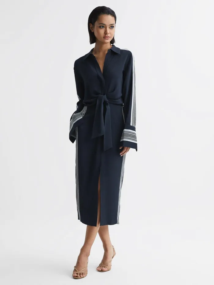 Reiss Dresses Arabella Side Stripe Tie Front Midi Dress Navy 8211 Women