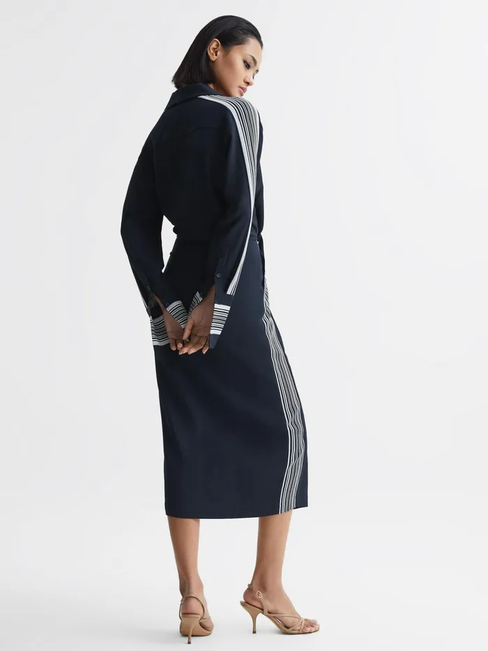 Reiss Dresses Arabella Side Stripe Tie Front Midi Dress Navy 8211 Women