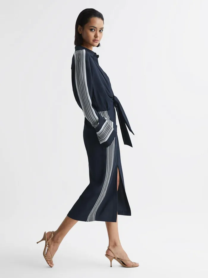Reiss Dresses Arabella Side Stripe Tie Front Midi Dress Navy 8211 Women