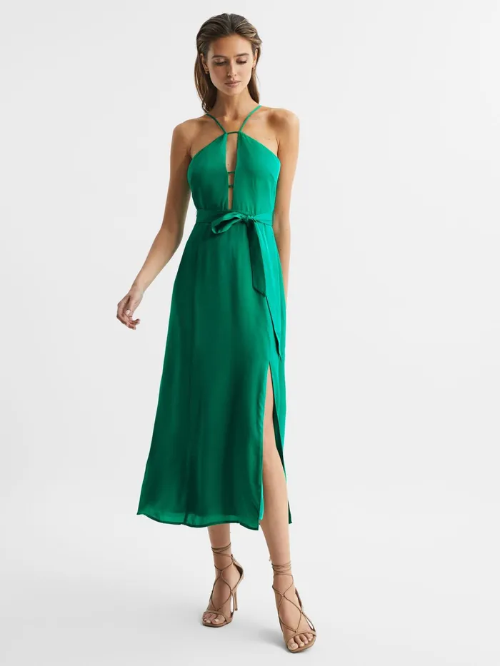 Reiss Dresses Arianna Halter Neck Belted Midi Dress Green 8211 Women