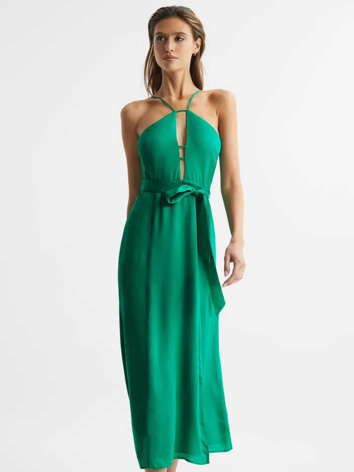 Reiss Dresses Arianna Halter Neck Belted Midi Dress Green 8211 Women