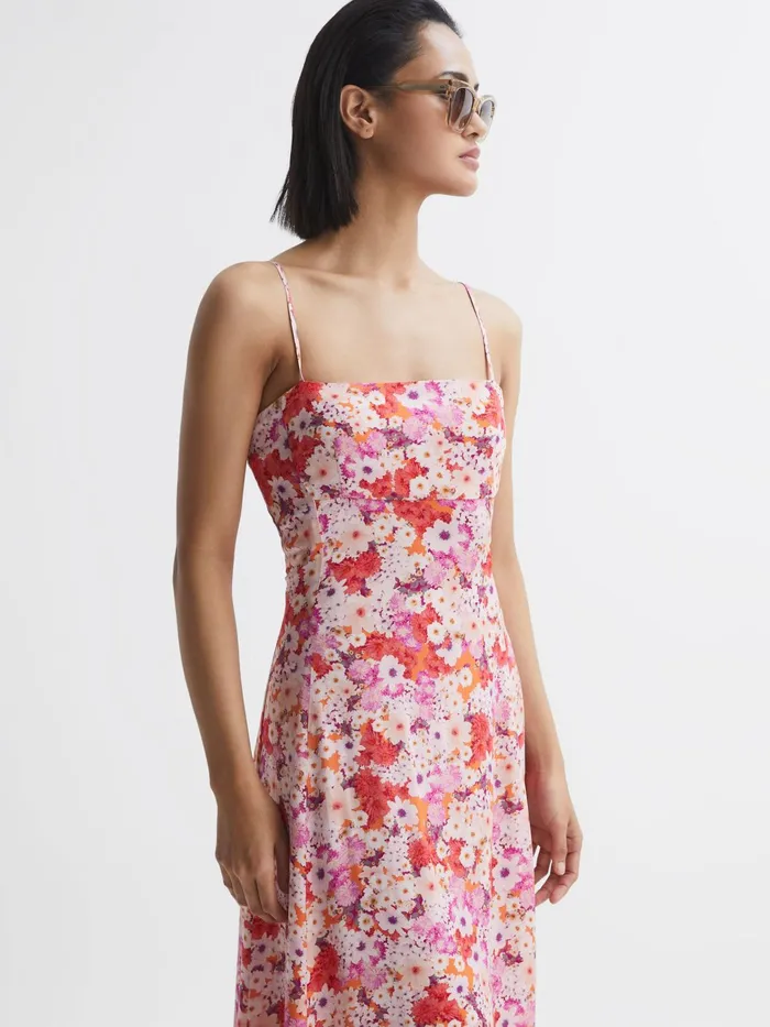 Reiss Dresses Bonnie Floral Print Fitted Midi Dress Pink Print 8211 Women