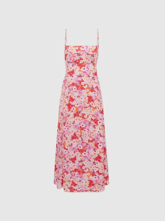 Reiss Dresses Bonnie Floral Print Fitted Midi Dress Pink Print 8211 Women