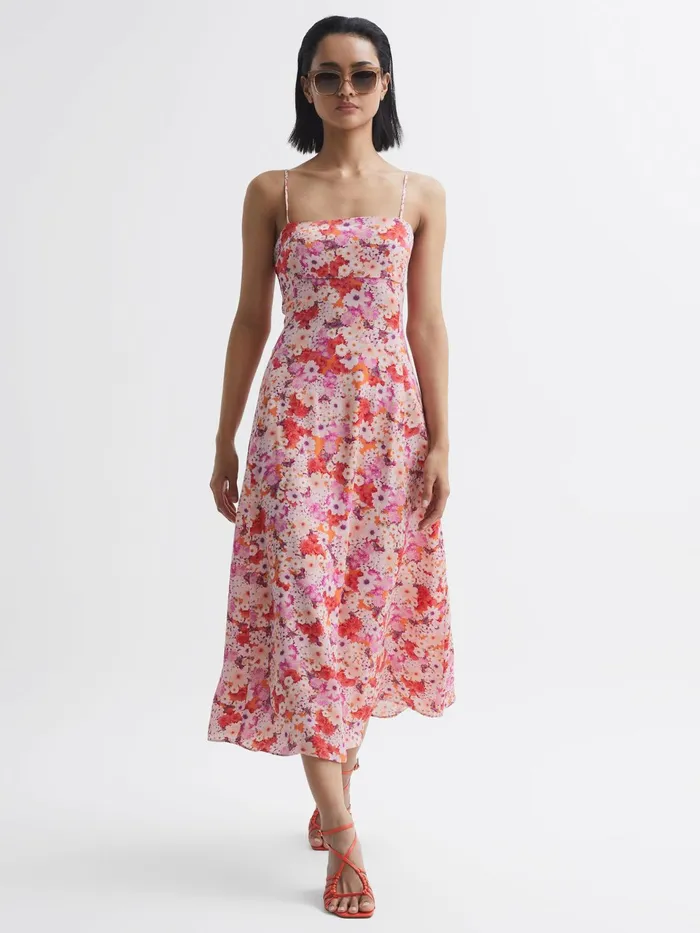 Reiss Dresses Bonnie Floral Print Fitted Midi Dress Pink Print 8211 Women