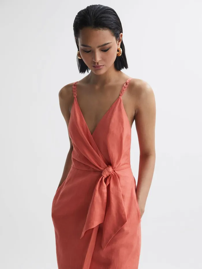 Reiss Dresses Esme Linen Side Tie Midi Dress Coral 8211 Women