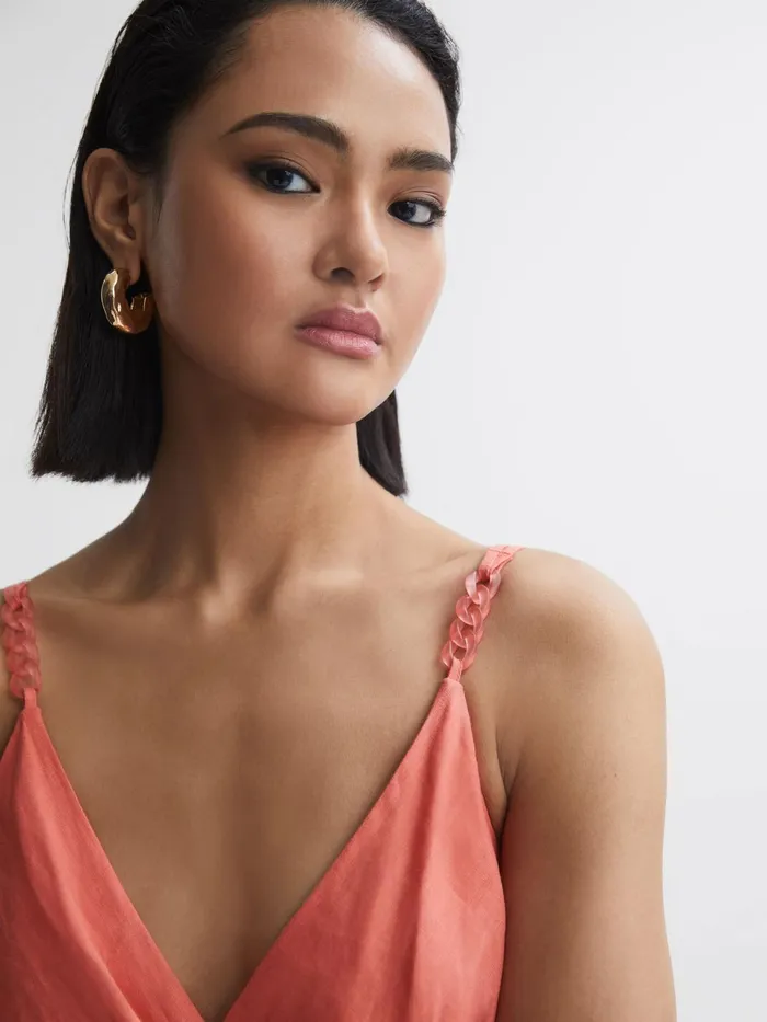Reiss Dresses Esme Linen Side Tie Midi Dress Coral 8211 Women