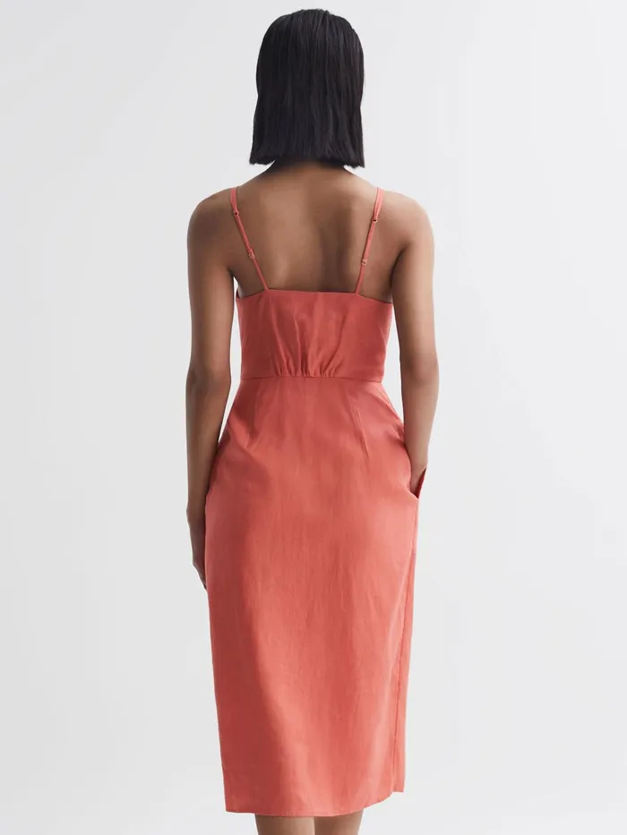 Reiss Dresses Esme Linen Side Tie Midi Dress Coral 8211 Women