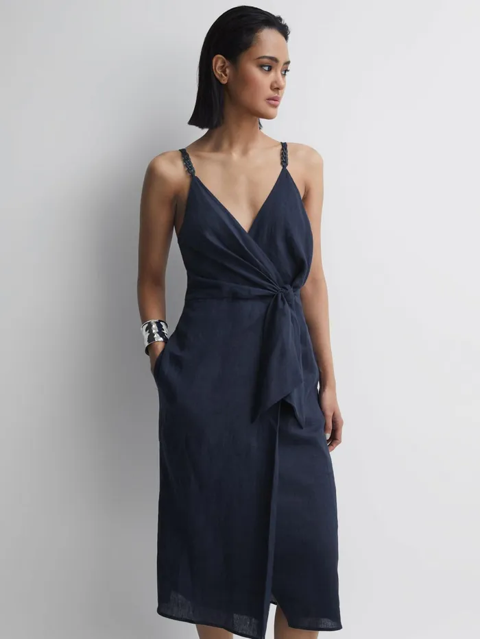 Reiss Dresses Esme Linen Side Tie Midi Dress Navy 8211 Women