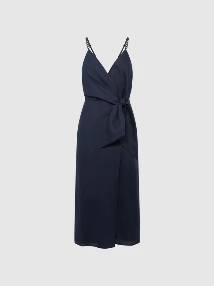 Reiss Dresses Esme Linen Side Tie Midi Dress Navy 8211 Women