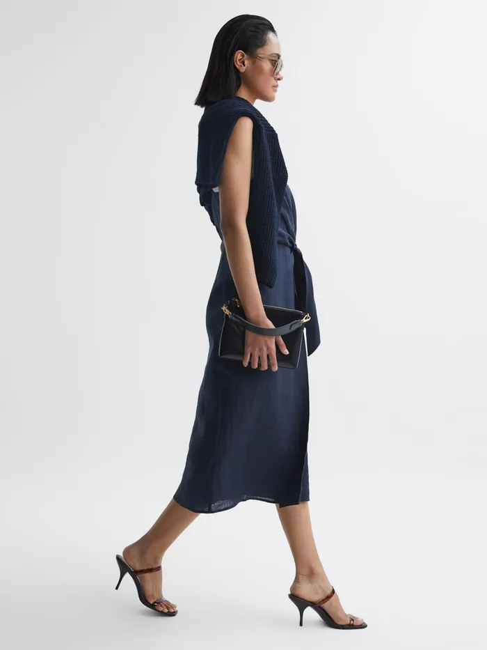 Reiss Dresses Esme Linen Side Tie Midi Dress Navy 8211 Women