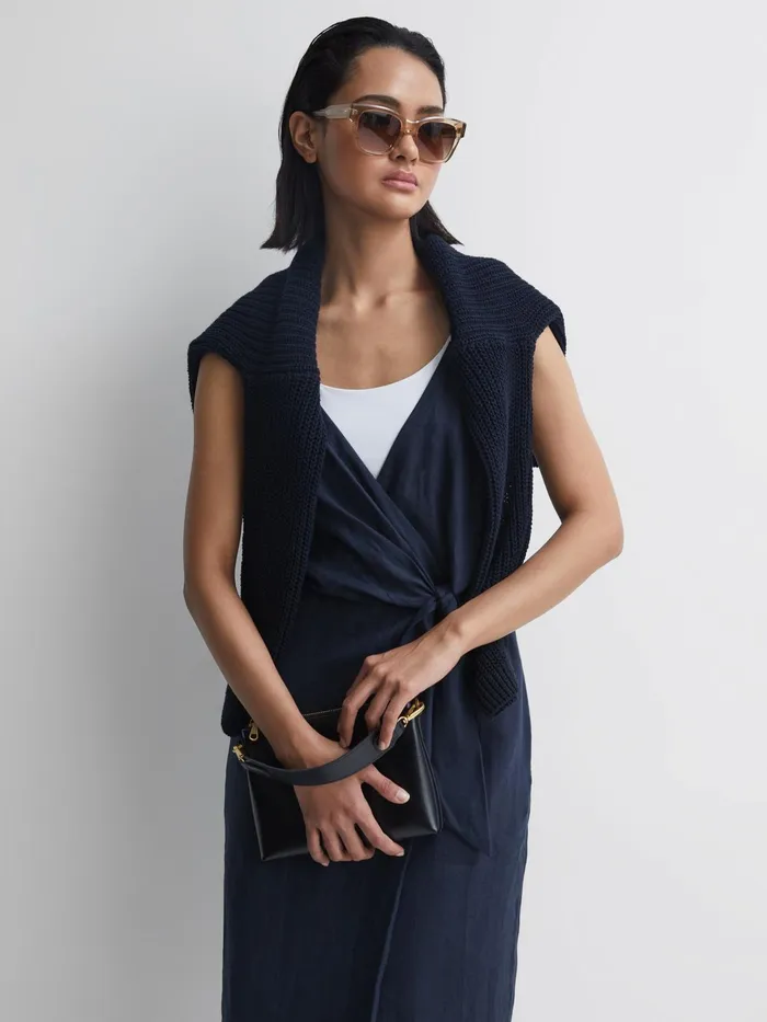 Reiss Dresses Esme Linen Side Tie Midi Dress Navy 8211 Women