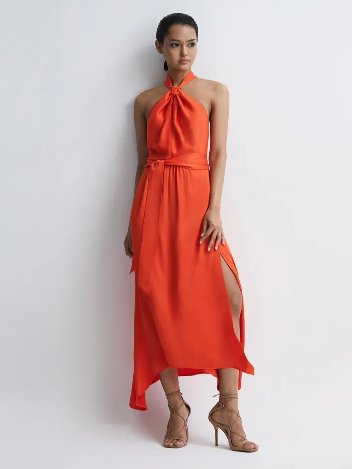 Reiss Dresses Evelyn Fitted Halter Neck Midi Dress Orange 8211 Women