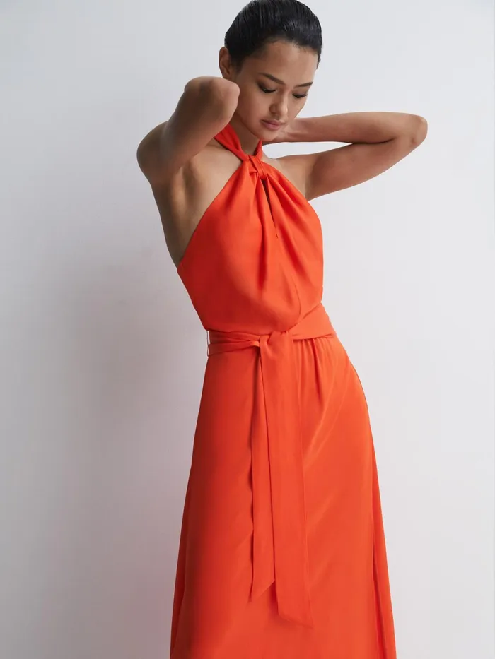 Reiss Dresses Evelyn Fitted Halter Neck Midi Dress Orange 8211 Women
