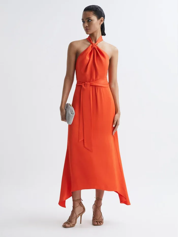Reiss Dresses Evelyn Fitted Halter Neck Midi Dress Orange 8211 Women