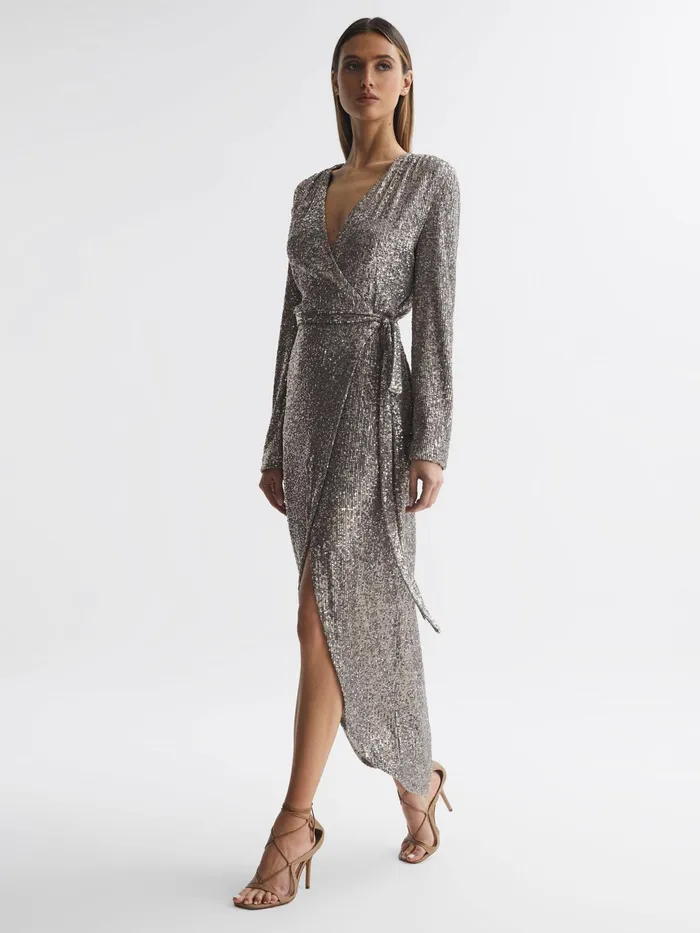 Reiss Dresses Falan Halston Sequin Wrap Midi Dress Silver 8211 Women