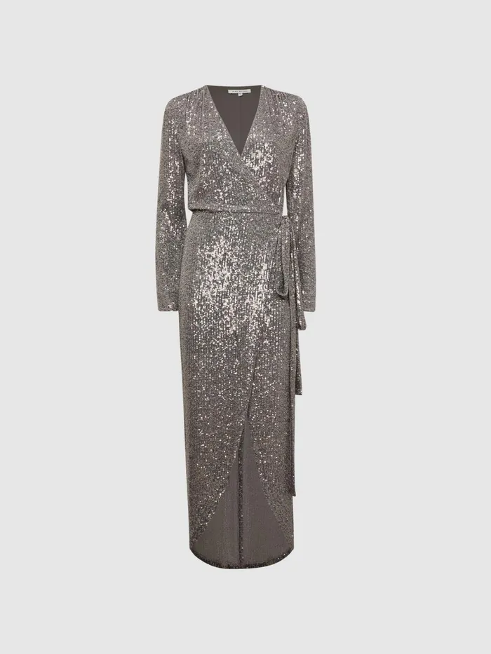 Reiss Dresses Falan Halston Sequin Wrap Midi Dress Silver 8211 Women