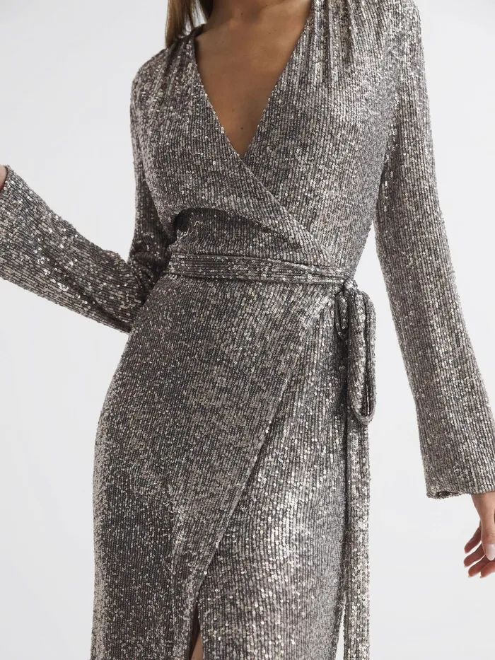 Reiss Dresses Falan Halston Sequin Wrap Midi Dress Silver 8211 Women