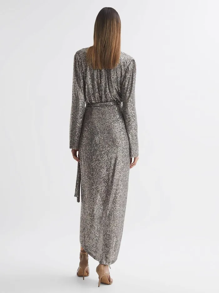 Reiss Dresses Falan Halston Sequin Wrap Midi Dress Silver 8211 Women