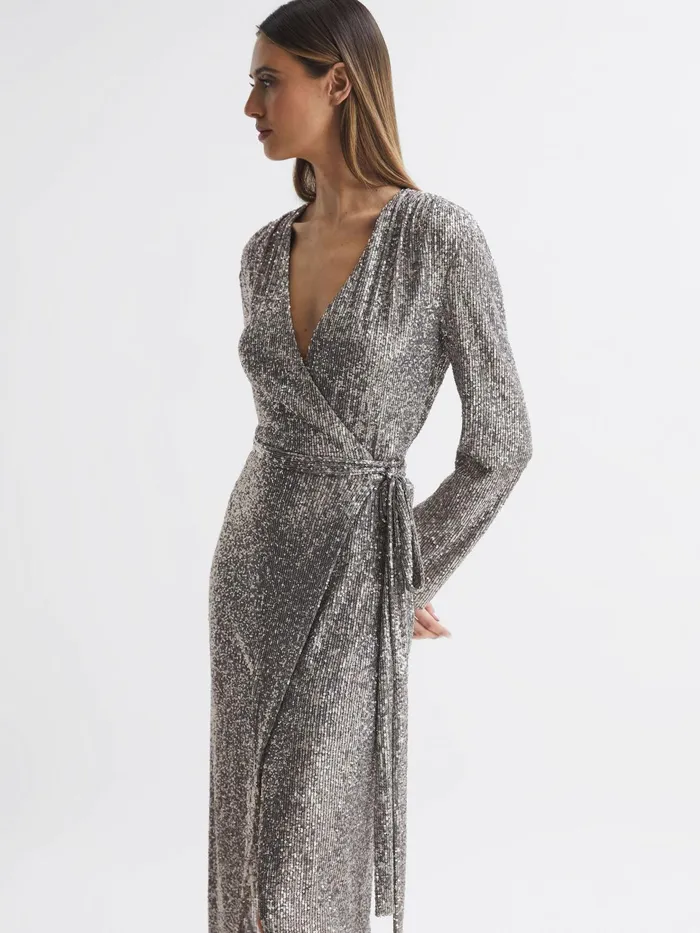 Reiss Dresses Falan Halston Sequin Wrap Midi Dress Silver 8211 Women