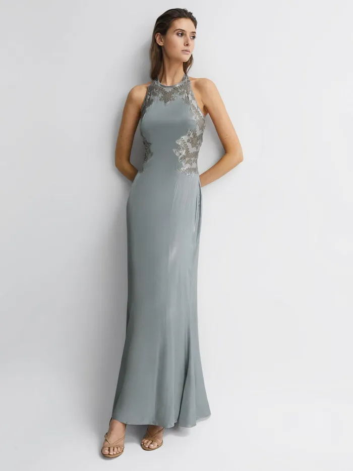 Reiss Dresses Fern Fitted Lace Halter Neck Maxi Dress Silver 8211 Women