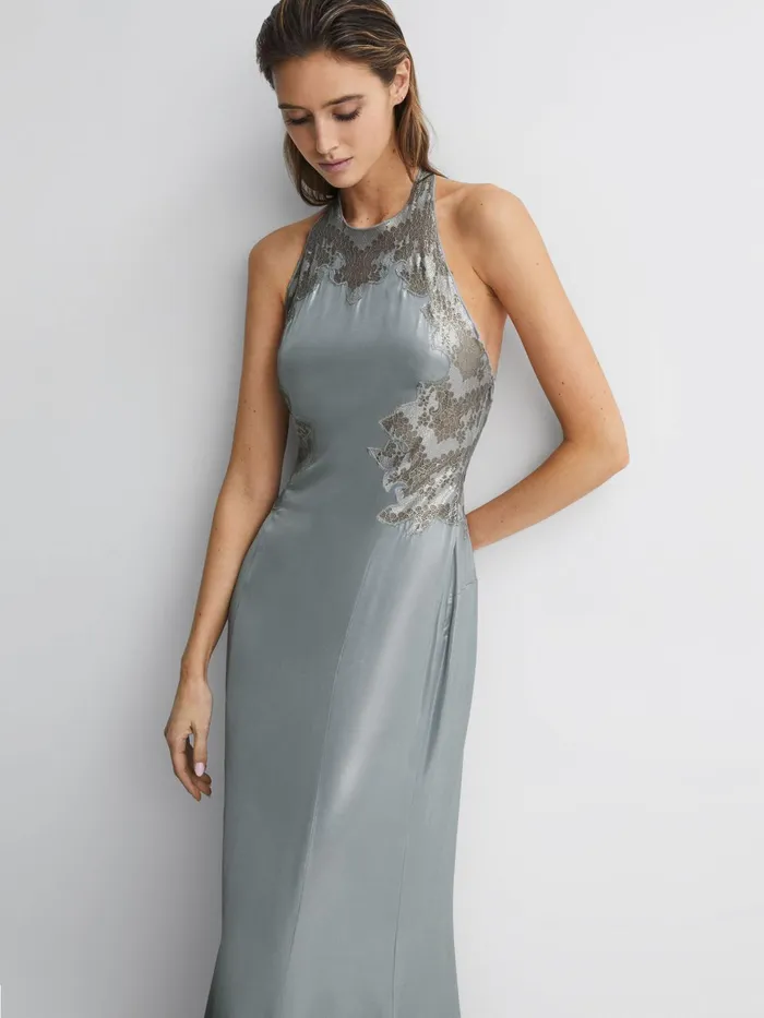Reiss Dresses Fern Fitted Lace Halter Neck Maxi Dress Silver 8211 Women