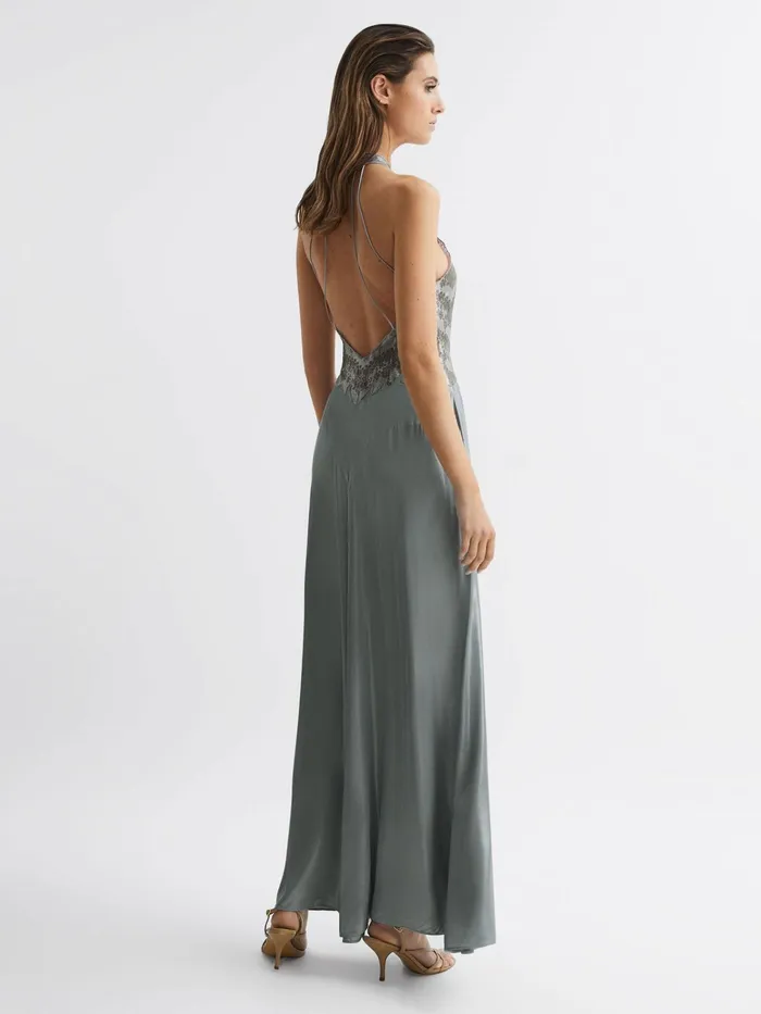 Reiss Dresses Fern Fitted Lace Halter Neck Maxi Dress Silver 8211 Women