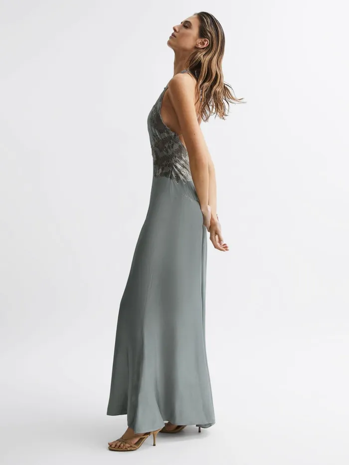 Reiss Dresses Fern Fitted Lace Halter Neck Maxi Dress Silver 8211 Women