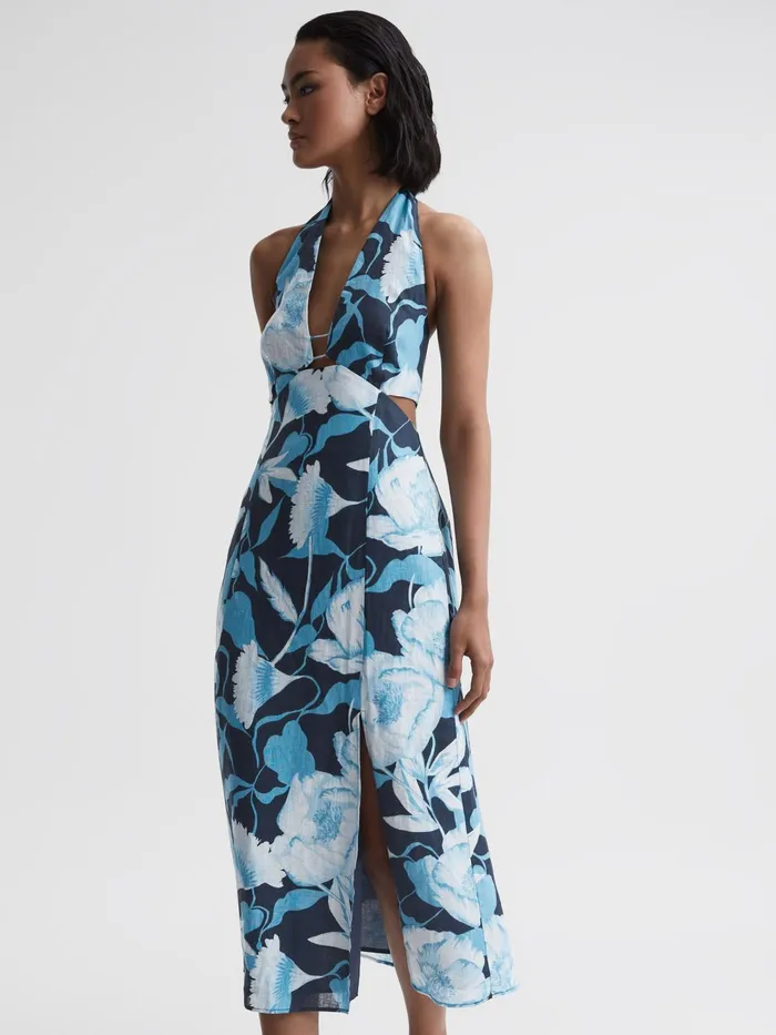 Reiss Dresses Kaia Linen Halter Neck Midi Dress Navyblue 8211 Women