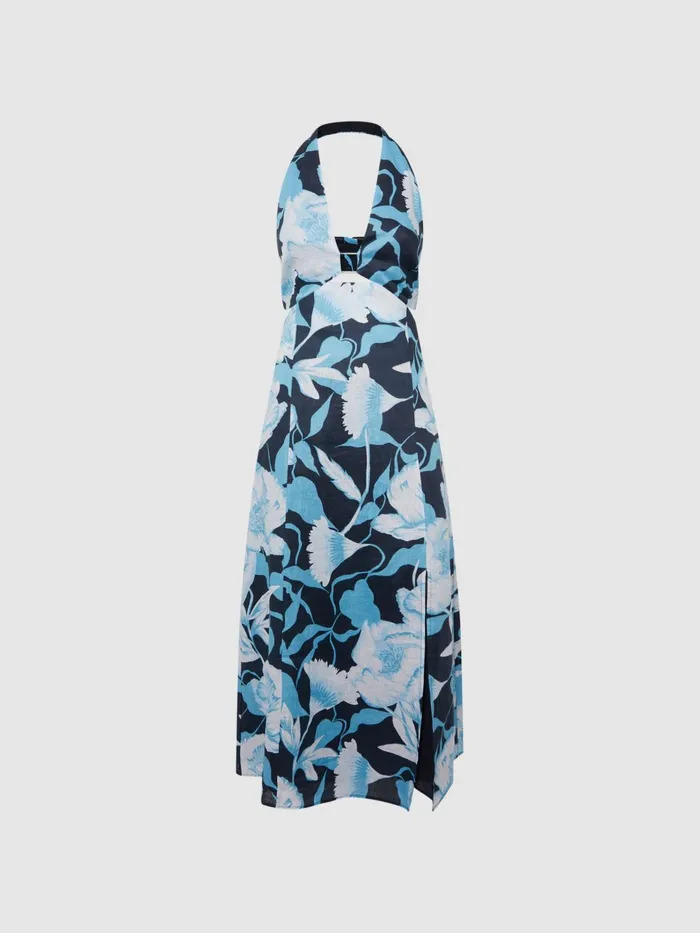 Reiss Dresses Kaia Linen Halter Neck Midi Dress Navyblue 8211 Women