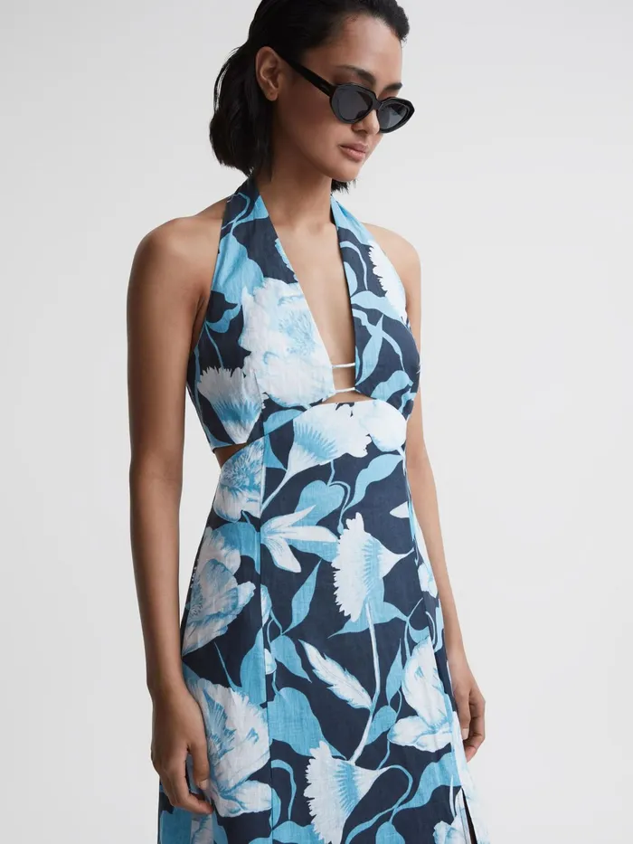 Reiss Dresses Kaia Linen Halter Neck Midi Dress Navyblue 8211 Women