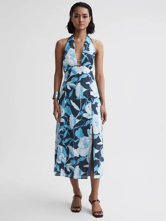 Reiss Dresses Kaia Linen Halter Neck Midi Dress Navyblue 8211 Women