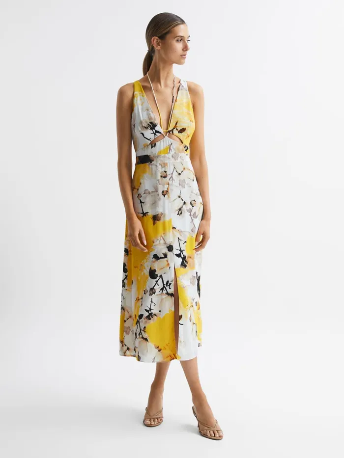 Reiss Dresses Kasia Fitted Floral Print Midi Dress Yellow 8211 Women