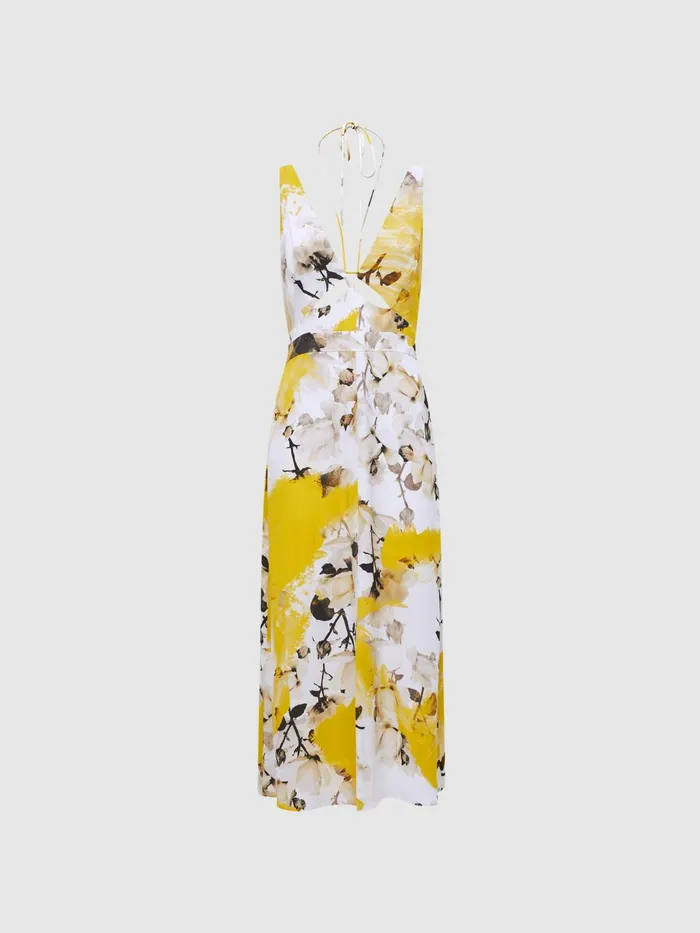 Reiss Dresses Kasia Fitted Floral Print Midi Dress Yellow 8211 Women
