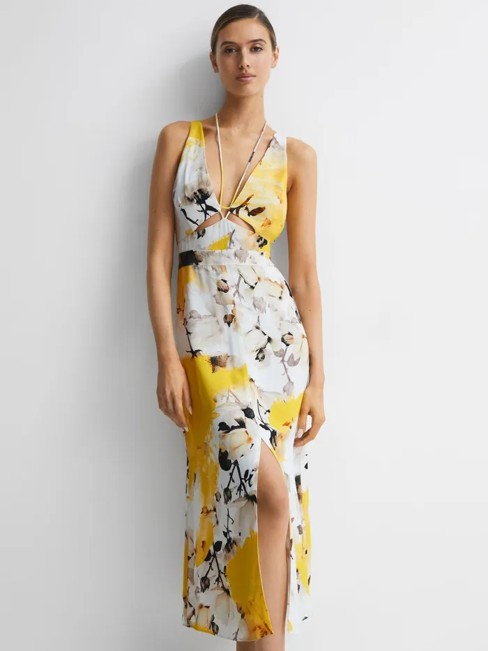 Reiss Dresses Kasia Fitted Floral Print Midi Dress Yellow 8211 Women