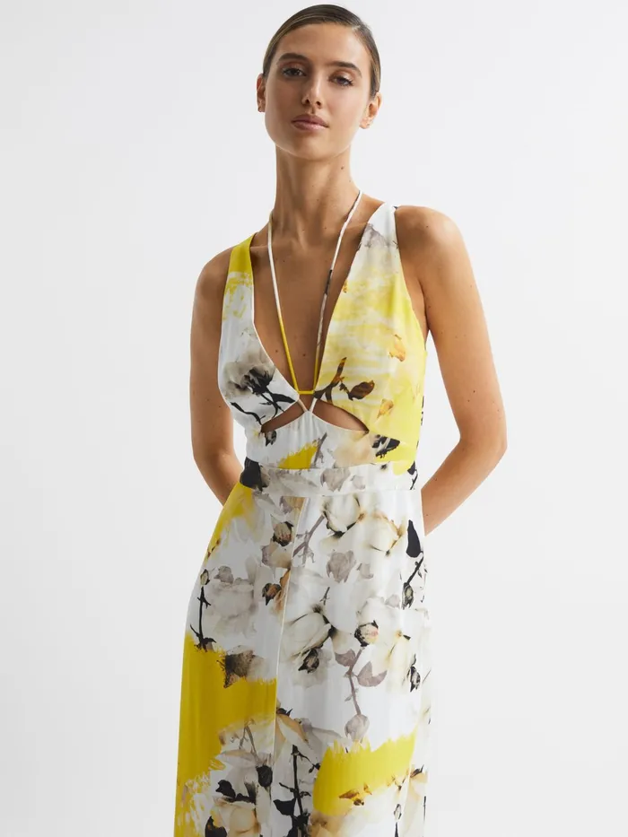 Reiss Dresses Kasia Fitted Floral Print Midi Dress Yellow 8211 Women