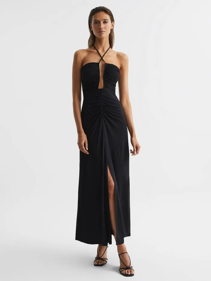 Reiss Dresses Lana Plunge Neck Halter Maxi Dress Black 8211 Women