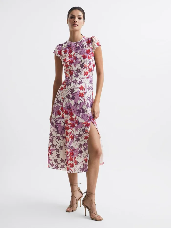 Reiss Dresses Livia Printed Cut Out Back Midi Dress Pinkpurple 8211 Women