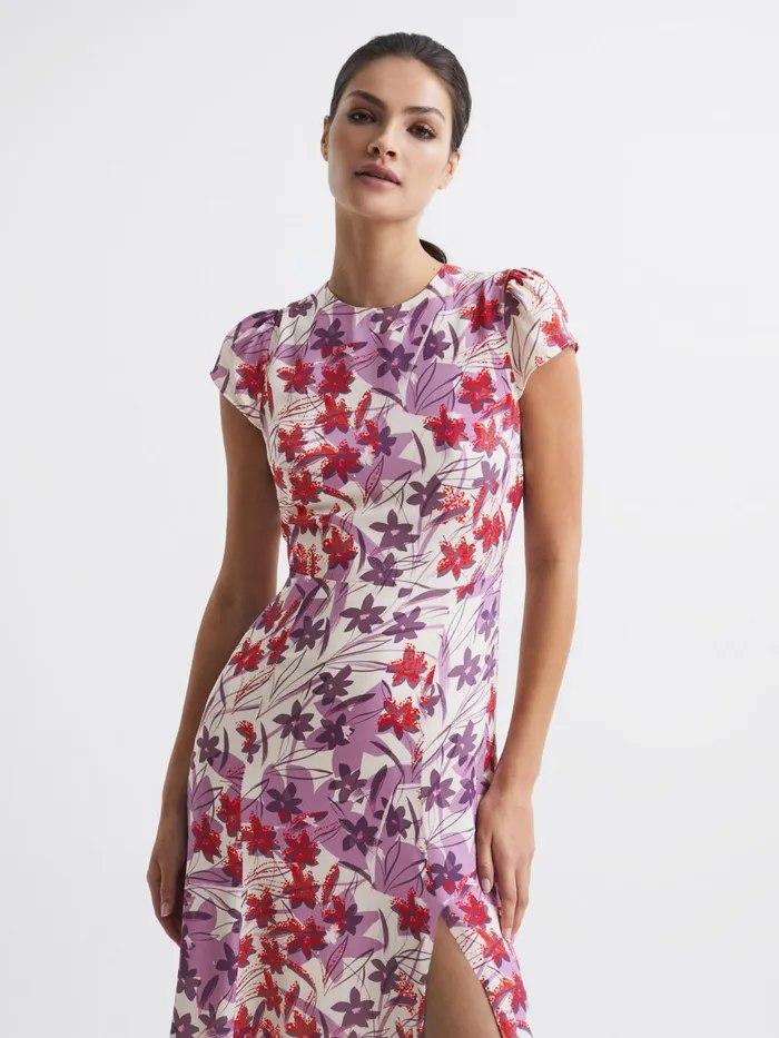 Reiss Dresses Livia Printed Cut Out Back Midi Dress Pinkpurple 8211 Women