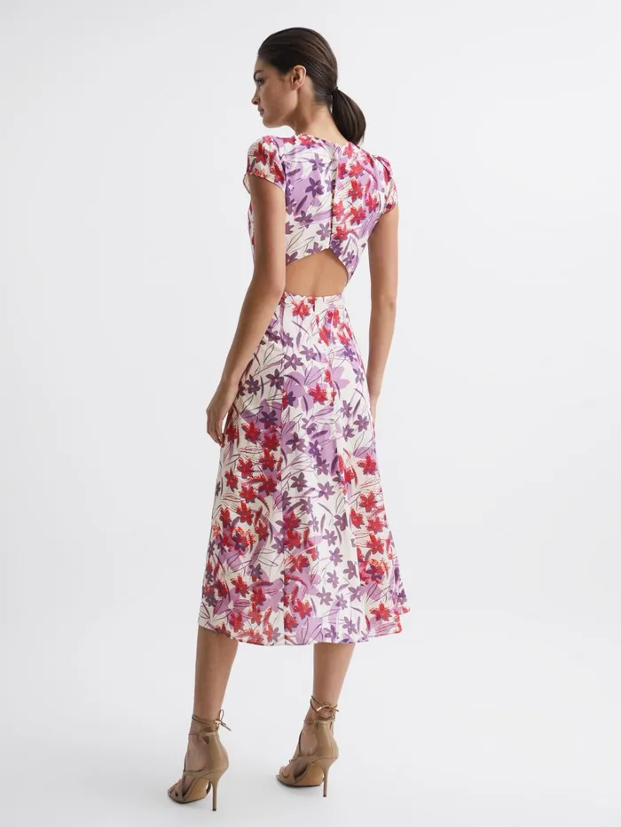 Reiss Dresses Livia Printed Cut Out Back Midi Dress Pinkpurple 8211 Women