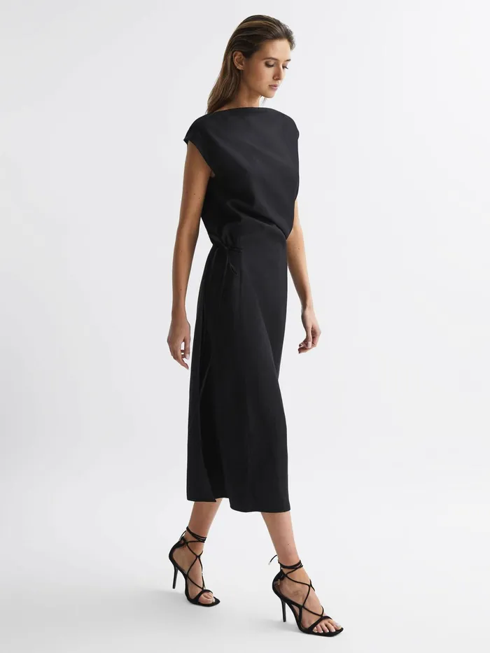Reiss Dresses Paloma Linen Blend OpenBack Midi Dress Black 8211 Women